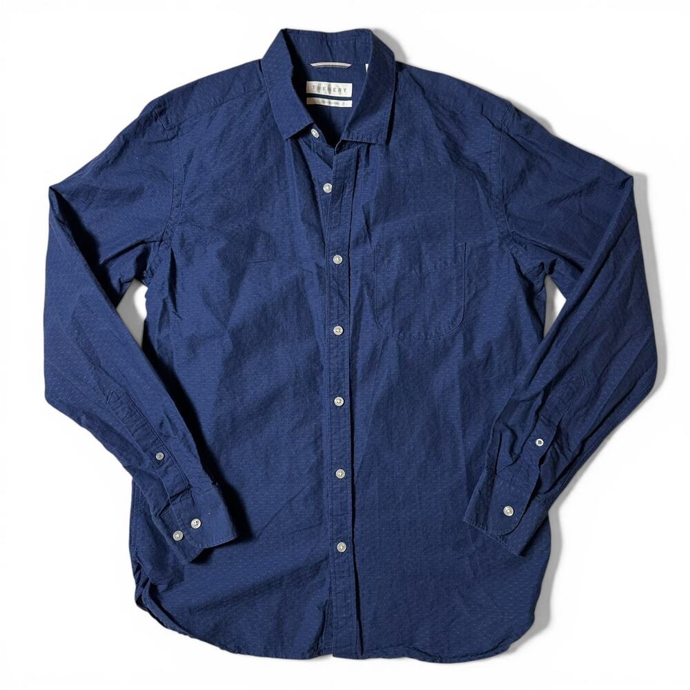 Trenery Cotton Linen Blend Shirt Mens Size M Blue Button Up Long Sleeve